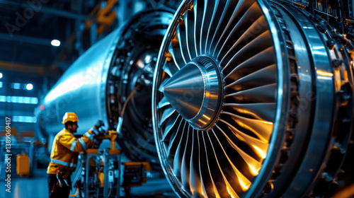 Maintenance engineer working on jet engine in modern facility, showcasing precision and expertise in aviation technology