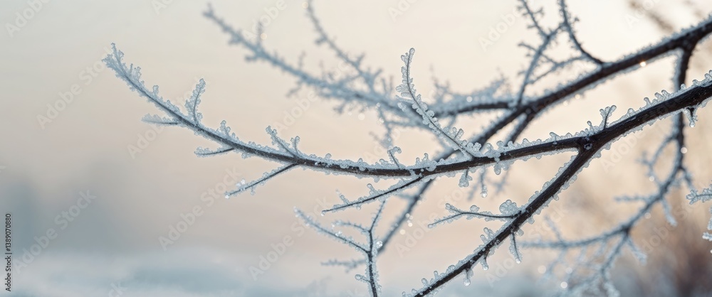 Branch with many small limbs covered with crystalline frost. Branch with many small limbs covered with crystalline frost.