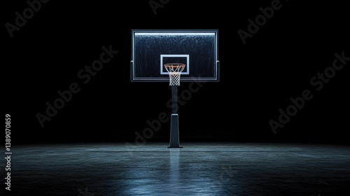 A basketball hoop with a glass backboard and breakaway rim, isolated in the center of the frame