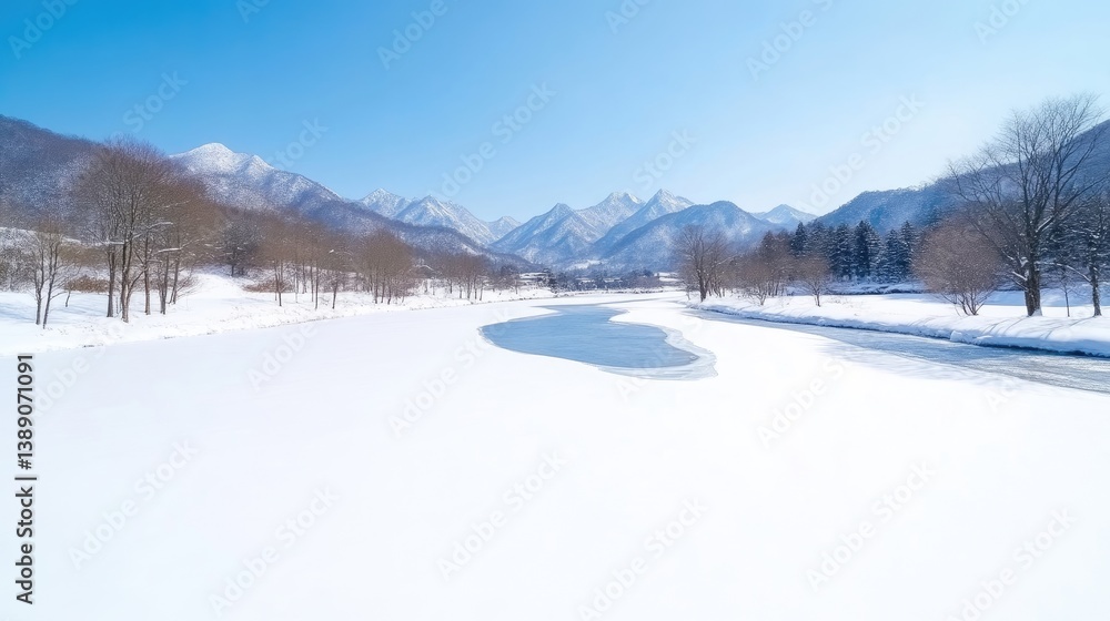 Snow-covered landscape with frozen river flowing through winter forest, majestic mountains in background, and serene and peaceful winter scene. Snow-covered landscape with frozen river flowing through winter forest, majestic mountains in background, and serene and peaceful winter scene.