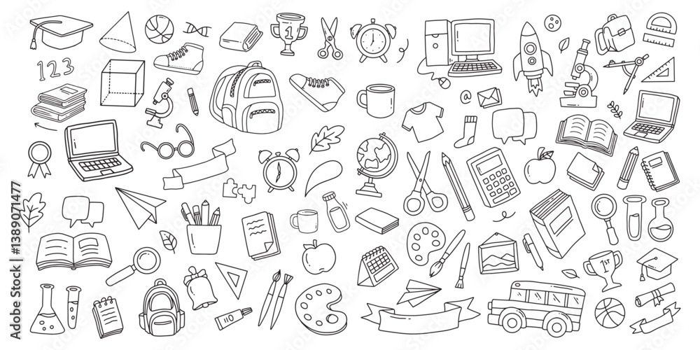 Back to school doodle elements. Vector illustration in line. Used for banner, poster, background, etc Back to school doodle elements. Vector illustration in line. Used for banner, poster, background, etc