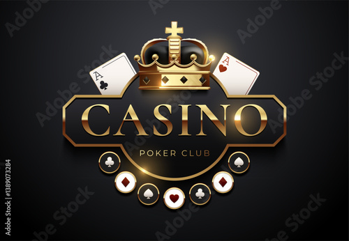 Elegant poker club logo with a golden crown, aces, and casino chips. Luxury black and gold style perfect for gambling websites, poker promotions, and premium casino branding