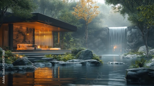 Modern glass house by tranquil forest waterfall in misty morning light