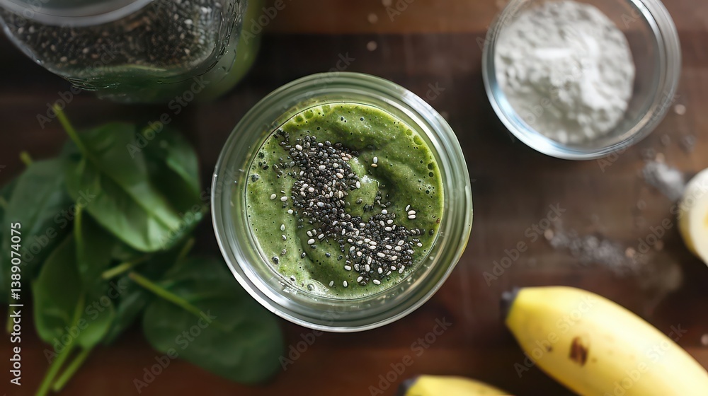 Green smoothie with spinach, banana, and chia seeds in a mason jar Green smoothie with spinach, banana, and chia seeds in a mason jar
