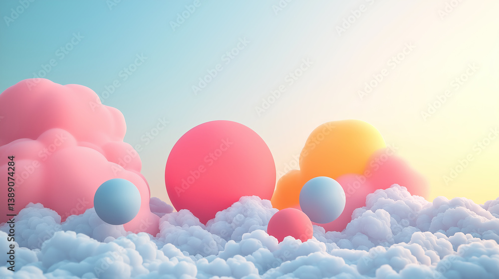 Colorful spheres floating above fluffy white clouds Colorful spheres floating above fluffy white clouds