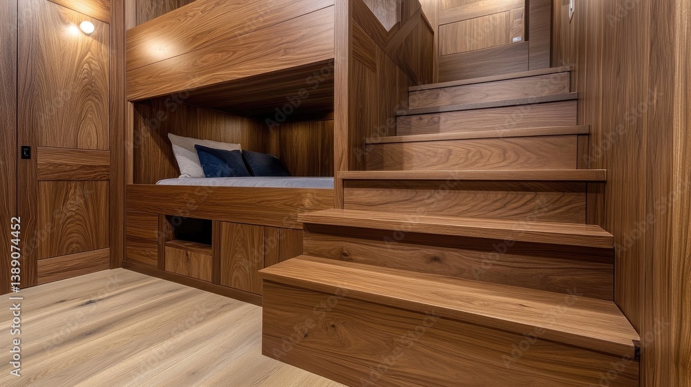 A functional bunk bed with a built-in staircase and cubbies underneath for storage A functional bunk bed with a built-in staircase and cubbies underneath for storage