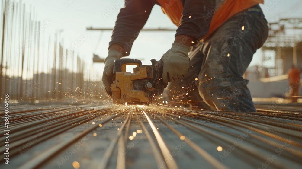 A Hispanic construction worker cutting metal rods with a saw. Featuring skill and precision A Hispanic construction worker cutting metal rods with a saw. Featuring skill and precision