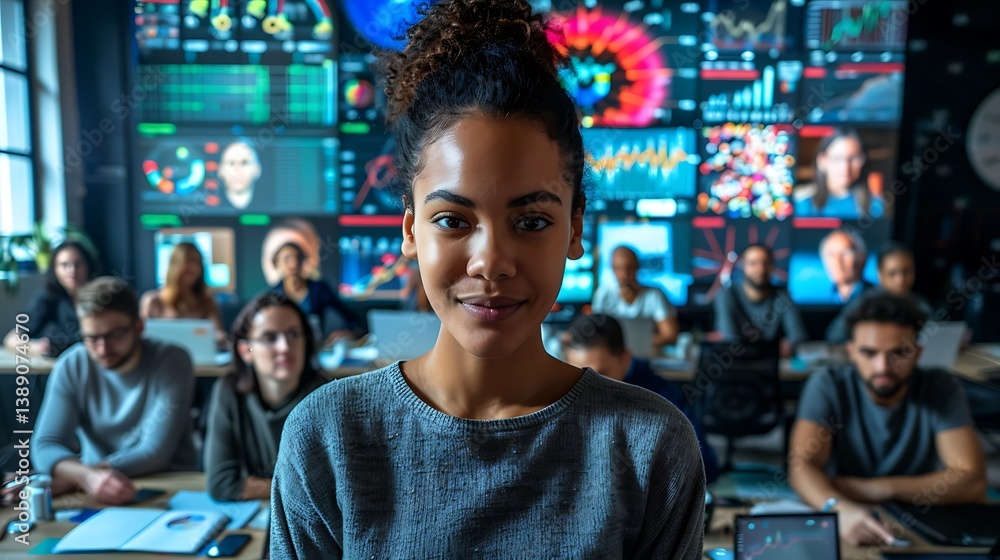 Obraz premium Confident Young African American Woman in a Tech Startup Office surrounded by colleagues working on Data Analytics