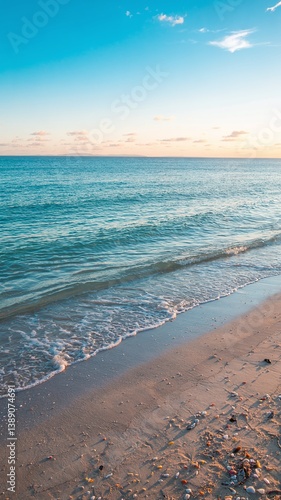A stunning sea view with a sandy shore, showcasing a vibrant landscape with vivid colors. Tranquil waves meet golden sands under a breathtaking sky, perfect for travel and nature themes. 