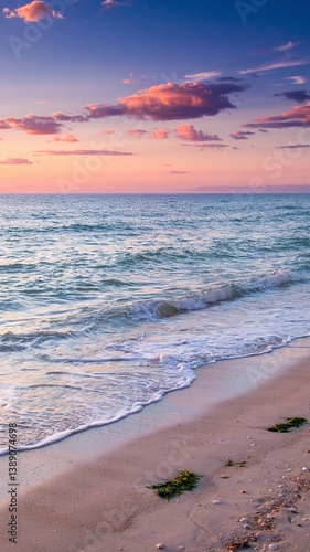 A stunning sea view with a sandy shore, showcasing a vibrant landscape with vivid colors. Tranquil waves meet golden sands under a breathtaking sky, perfect for travel and nature themes. 