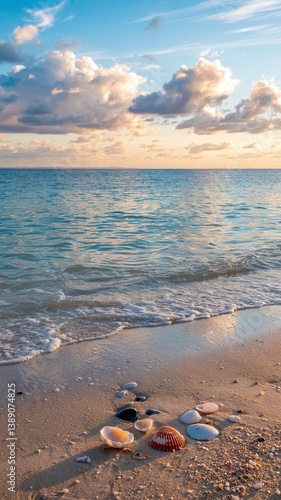 A stunning sea view with a sandy shore, showcasing a vibrant landscape with vivid colors. Tranquil waves meet golden sands under a breathtaking sky, perfect for travel and nature themes. 