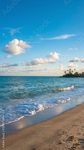 A stunning sea view with a sandy shore, showcasing a vibrant landscape with vivid colors. Tranquil waves meet golden sands under a breathtaking sky, perfect for travel and nature themes. 