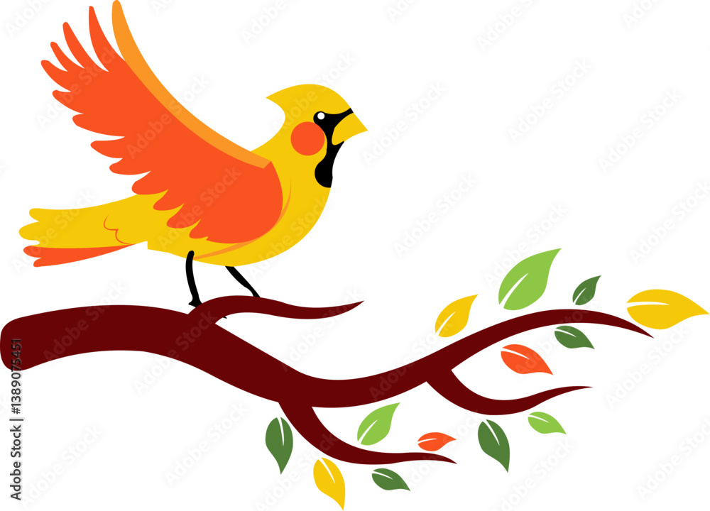 Obraz premium Stylized Bird on Spring Branch
