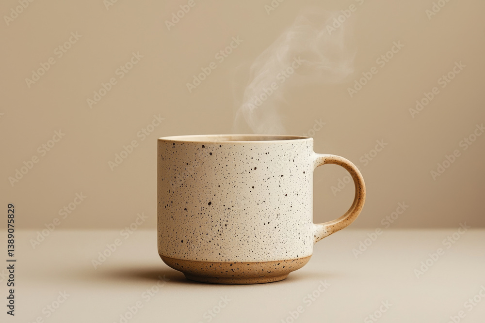 Ceramic speckled mug with hot steaming drink on neutral beige background. Minimalist coffee cup with rising steam