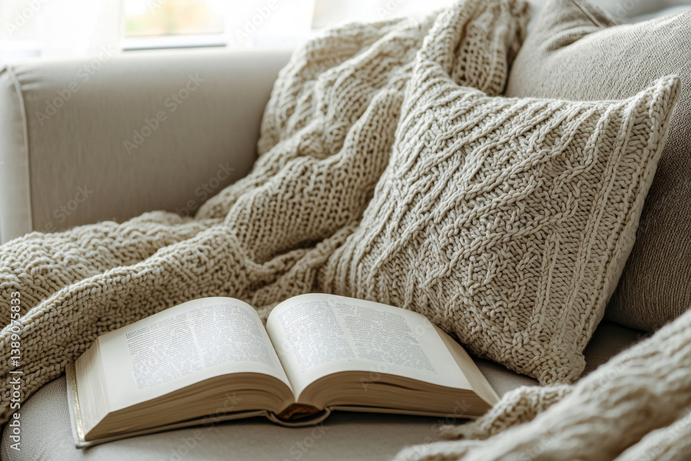 Open book on beige sofa with knitted blanket and pillow in soft natural light. Cozy reading and relaxing corner at home