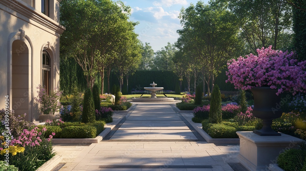 Obraz premium Elegant Estate Garden with Fountain and Formal Landscaping