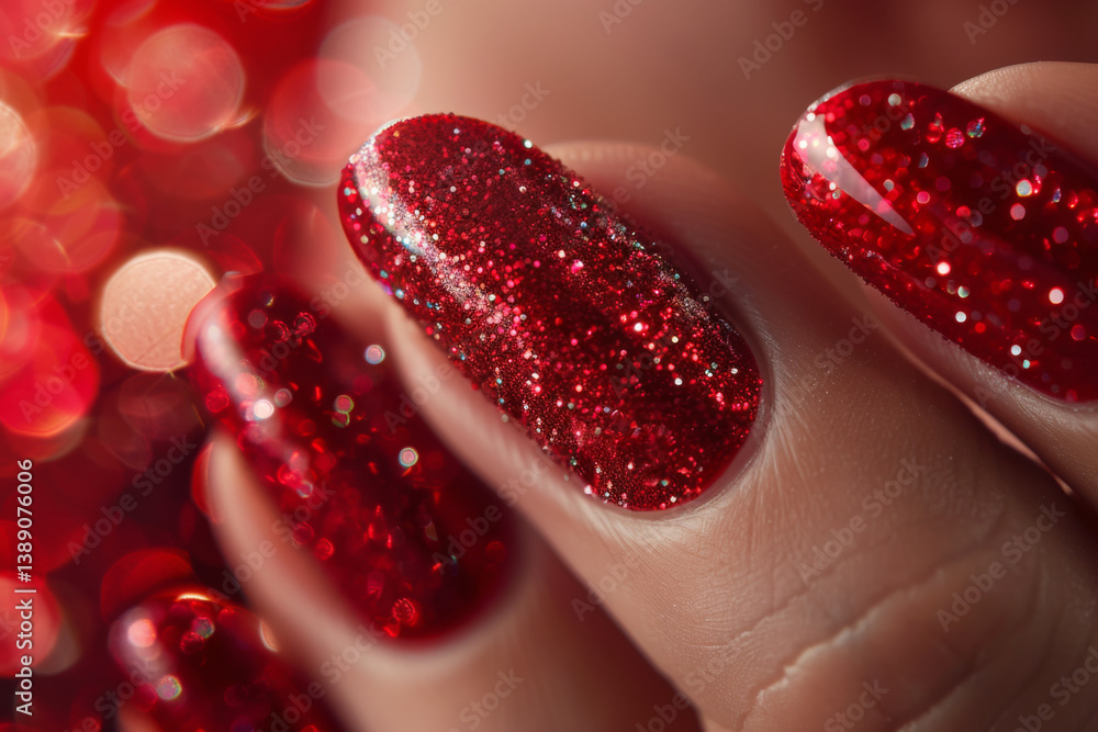 Close-up of sparkling red nails with glossy glitter polish. Stylish fingernails manicure