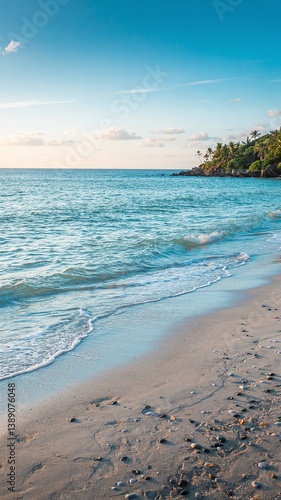 A stunning sea view with a sandy shore, showcasing a vibrant landscape with vivid colors. Tranquil waves meet golden sands under a breathtaking sky, perfect for travel and nature themes. 
