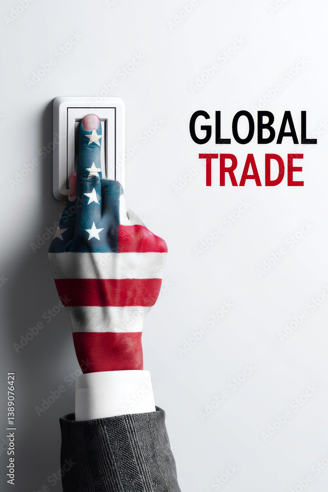 Hand painted with American flag pressing switch with text GLOBAL TRADE on white background. Concept of United States influence on international trade and commerce
