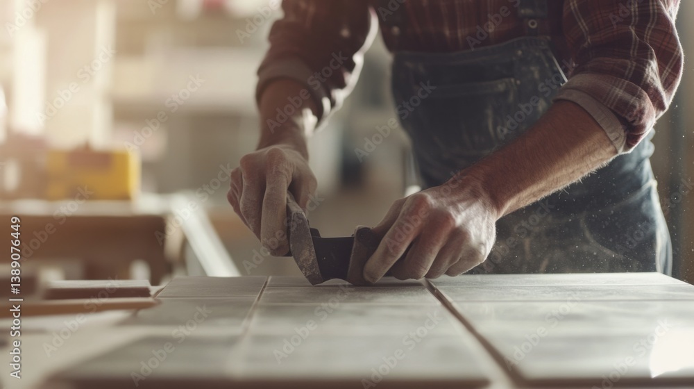A Hispanic construction worker cutting tiles for a floor installation. Featuring focus and technique A Hispanic construction worker cutting tiles for a floor installation. Featuring focus and technique