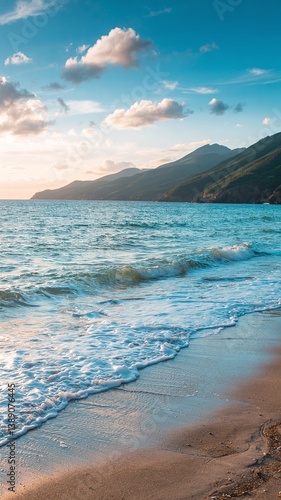 A stunning sea view with a sandy shore, showcasing a vibrant landscape with vivid colors. Tranquil waves meet golden sands under a breathtaking sky, perfect for travel and nature themes. 