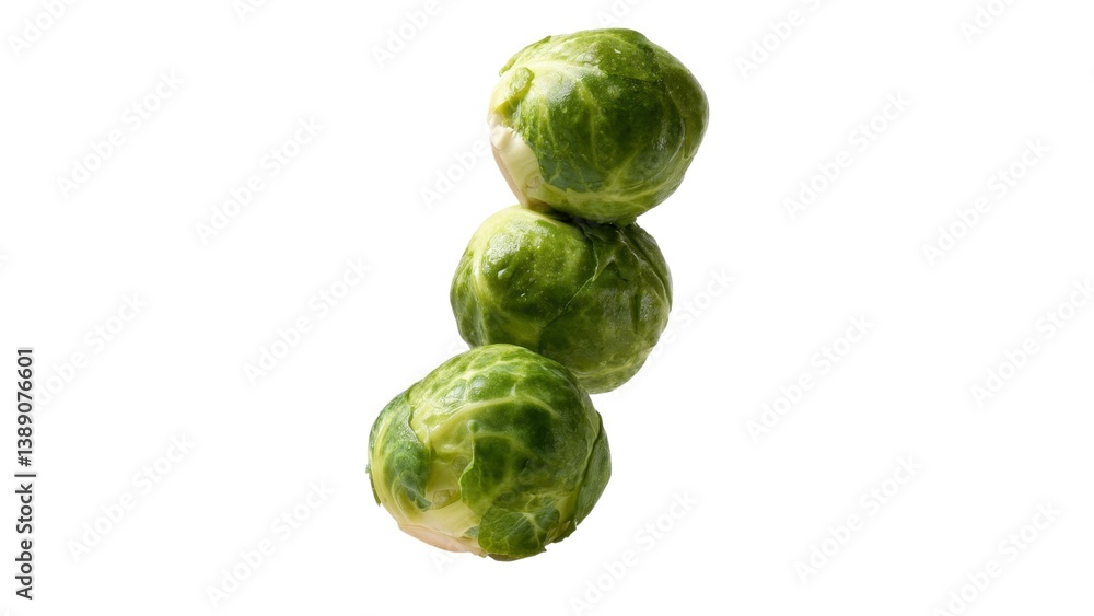Fototapeta premium A trio of fresh, green Brussels sprouts stacked vertically, showcasing their vibrant color and texture in a simple, clean composition.