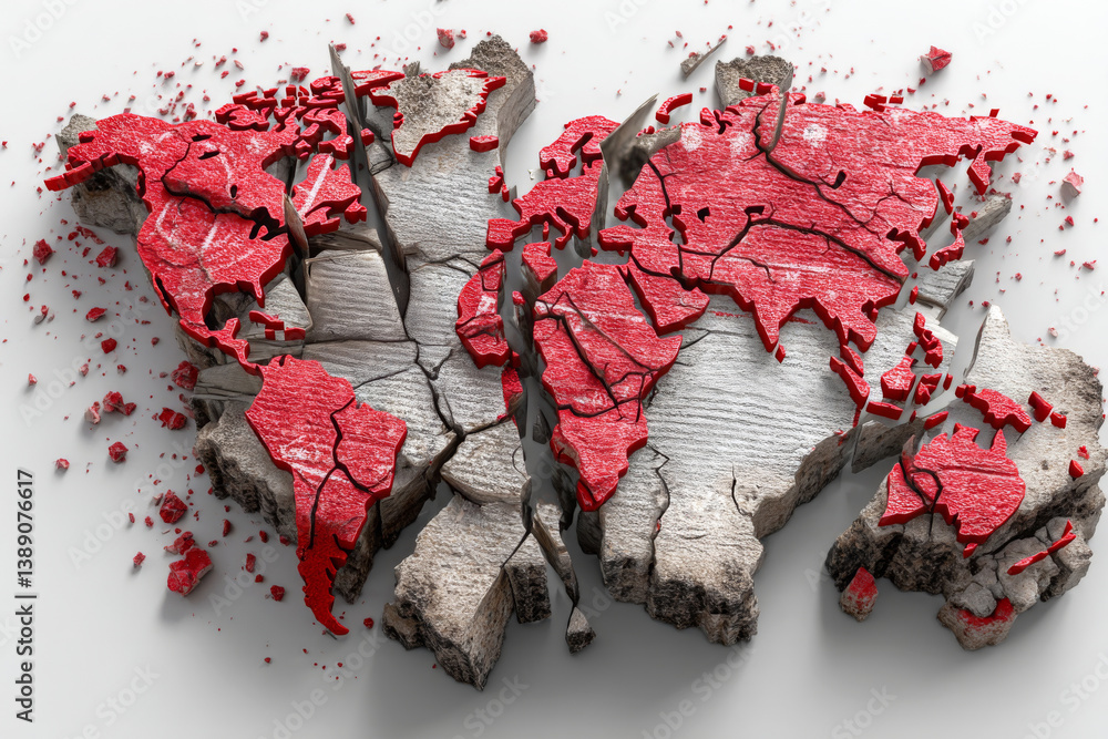 Shattered world map with deep cracks. Concept of global conflict, trade collapse and economic breakdown