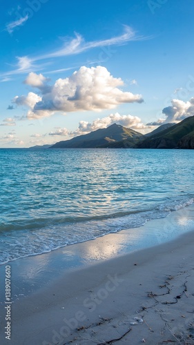 A stunning sea view with a sandy shore, showcasing a vibrant landscape with vivid colors. Tranquil waves meet golden sands under a breathtaking sky, perfect for travel and nature themes. 