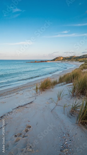 A stunning sea view with a sandy shore, showcasing a vibrant landscape with vivid colors. Tranquil waves meet golden sands under a breathtaking sky, perfect for travel and nature themes. 