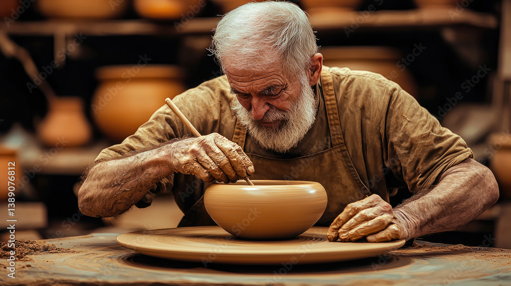 master potter skillfully shapes clay bowl on pottery wheel, showcasing dedication and artistry. scene captures intricate details of craft, with earthy tones and warm atmosphere master potter skillfully shapes clay bowl on pottery wheel, showcasing dedication and artistry. scene captures intricate details of craft, with earthy tones and warm atmosphere