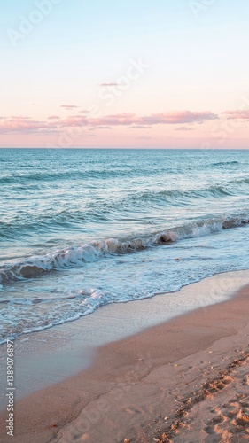 A stunning sea view with a sandy shore, showcasing a vibrant landscape with vivid colors. Tranquil waves meet golden sands under a breathtaking sky, perfect for travel and nature themes. 