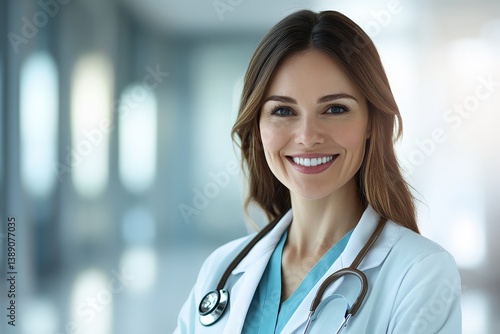 Free Download Smiling female doctor wearing a stethoscope in a medical setting - GFXLoad
