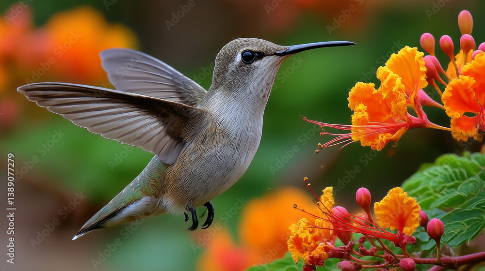 Fototapeta premium Close Up Hummingbird Feeding On Vibrant Orange Flowers