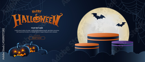 Happy halloween. Realistic 3D cylindrical podium for halloween banner. Happy halloween minimal scene for products showcase, Promotional display.