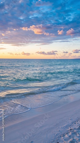 A stunning sea view with a sandy shore, showcasing a vibrant landscape with vivid colors. Tranquil waves meet golden sands under a breathtaking sky, perfect for travel and nature themes. 