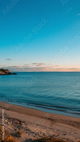A stunning sea view with a sandy shore, showcasing a vibrant landscape with vivid colors. Tranquil waves meet golden sands under a breathtaking sky, perfect for travel and nature themes. 