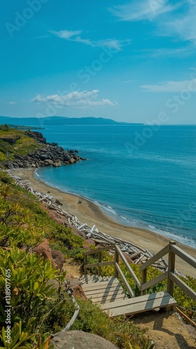 A stunning sea view with a sandy shore, showcasing a vibrant landscape with vivid colors. Tranquil waves meet golden sands under a breathtaking sky, perfect for travel and nature themes. 