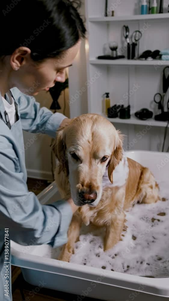 Woman bathing golden retriever with soapy bubbles in bathtub