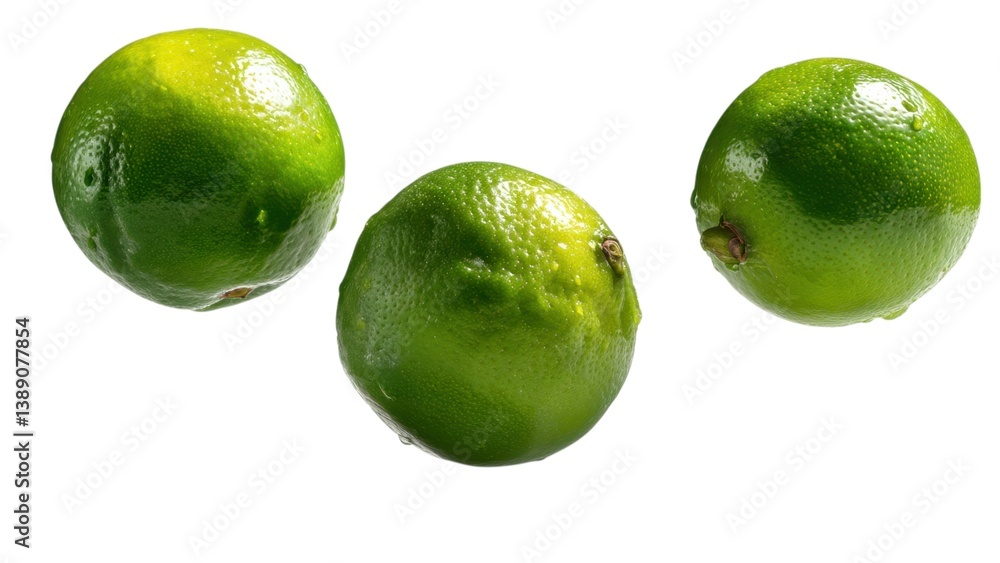 Three fresh, green limes with a shiny exterior, arranged in a triangular formation, emphasizing their vibrant color and texture. Three fresh, green limes with a shiny exterior, arranged in a triangular formation, emphasizing their vibrant color and texture.