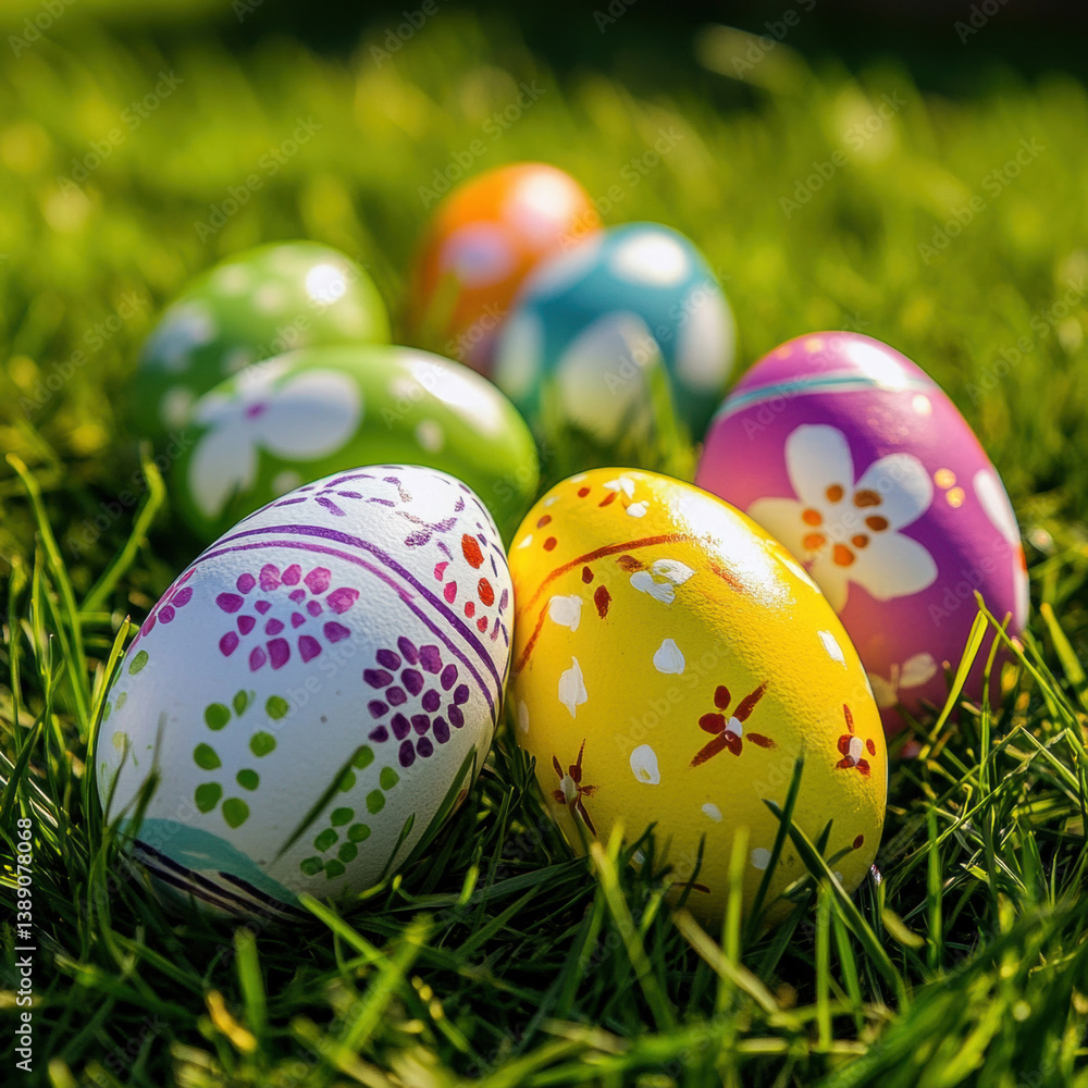 High-resolution image of vibrant, hand-painted Easter eggs resting on lush green grass, symbolizing springtime. High-resolution image of vibrant, hand-painted Easter eggs resting on lush green grass, symbolizing springtime.