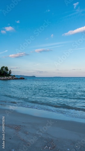 A stunning sea view with a sandy shore, showcasing a vibrant landscape with vivid colors. Tranquil waves meet golden sands under a breathtaking sky, perfect for travel and nature themes. 