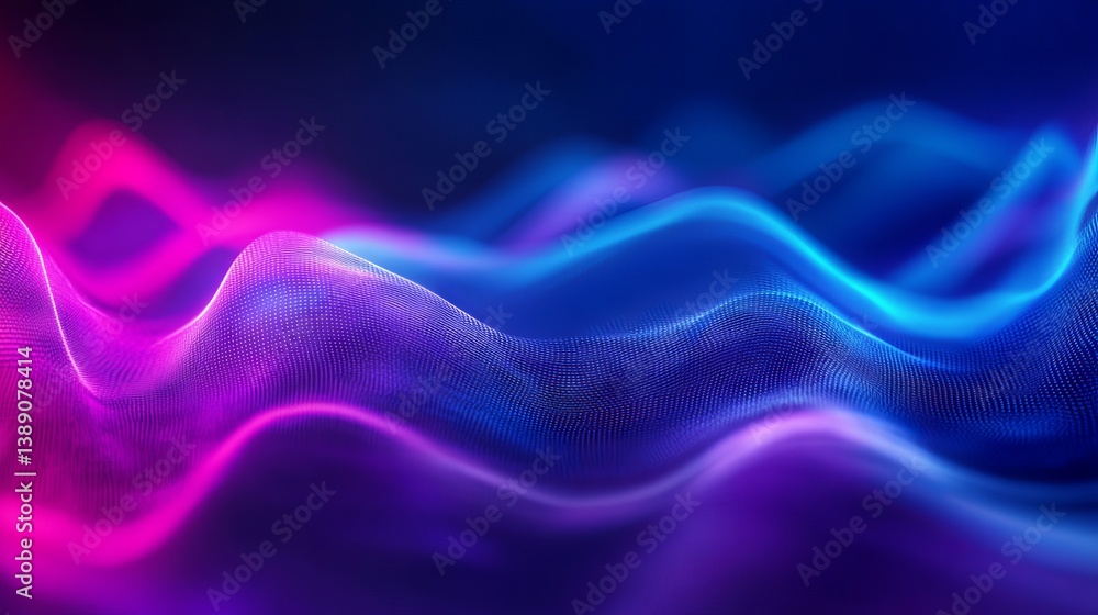 Obraz premium Futuristic purple and blue abstract wave background on black, featuring dynamic grainy color flow, modern design elements, and ample copy space for banners, posters, or headers.