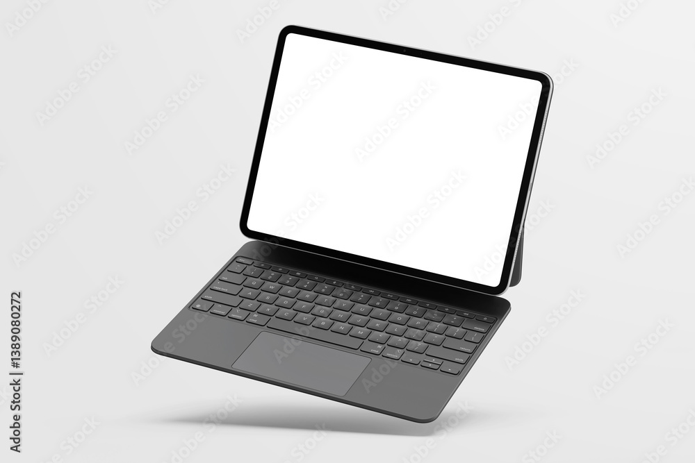 black tablet pro 13 inch with blank screen and shadow floating above surface with responsive keyboard case 3d render illustration black tablet pro 13 inch with blank screen and shadow floating above surface with responsive keyboard case 3d render illustration