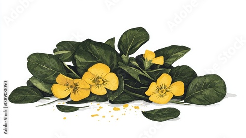 Vibrant Yellow Edible Flowers and Fresh Green Leaves Arrangement
