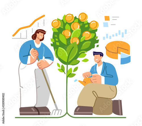 Money investment. Increase earning profit, capital gain, financial growth. Tree with gold coins and business people