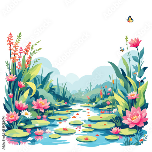 Vsai blooming water lilies and lush vegetation framing serene stream in vibrant landscape