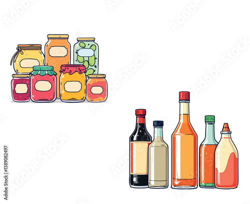 Jars and bottles containing preserved food products are displayed