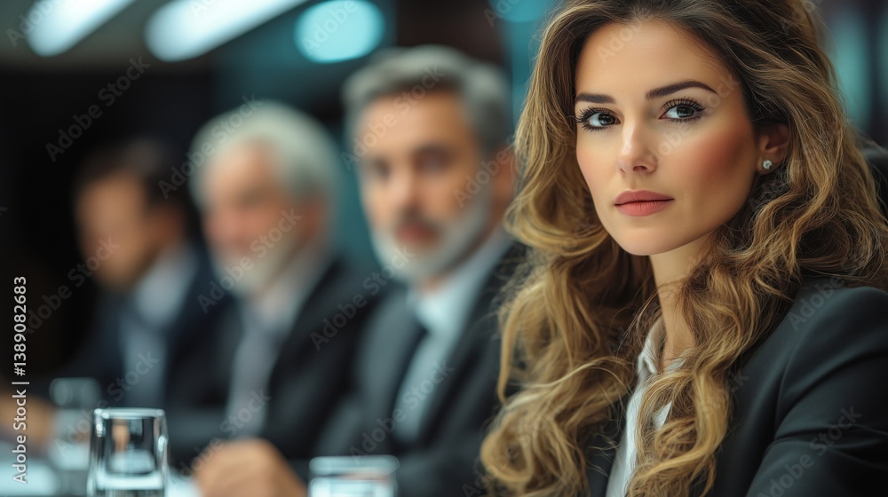 Obraz premium Business executives engage in a focused discussion in a modern conference room. A woman with long hair takes the lead, while colleagues listen attentively to her insights