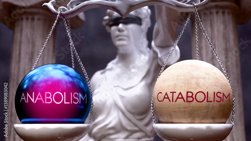 Anabolism or Catabolism as a choice, two options to choose from. Greek statue presenting two alternatives: anabolism or catabolism, weighing their values. Looking at pros and cons. ,3d illustration