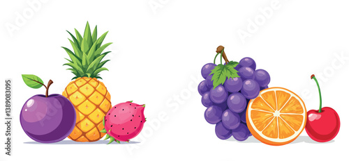 Vsai pineapple, plum, dragon fruit, grapes, orange slice and cherry representing variety of fruits